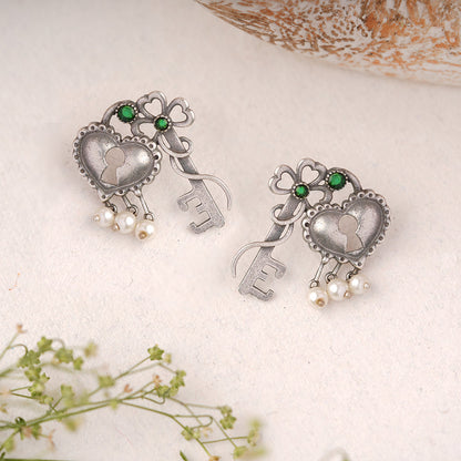 Kunjika- Silver Brass Oxidised dangler earrings (Green)