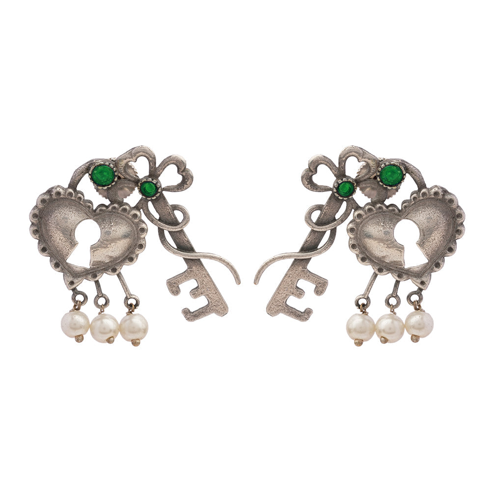 Kunjika- Silver Brass Oxidised dangler earrings (Green)