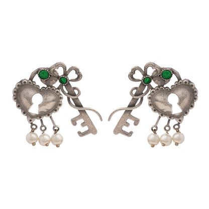 Kunjika- Silver Brass Oxidised dangler earrings (Green)