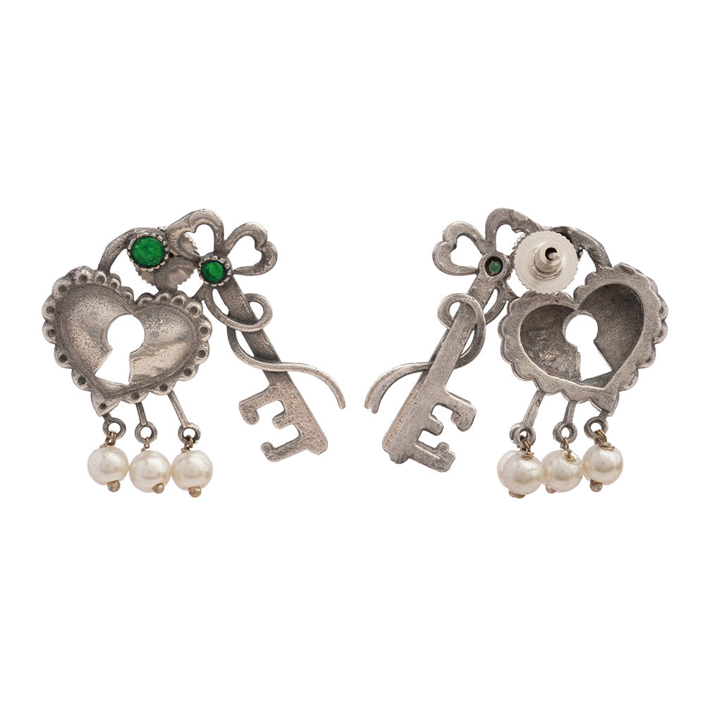 Kunjika- Silver Brass Oxidised dangler earrings (Green)