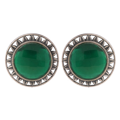 Manikya- Silver Brass Stone-Studded Stud Earrings(Green)