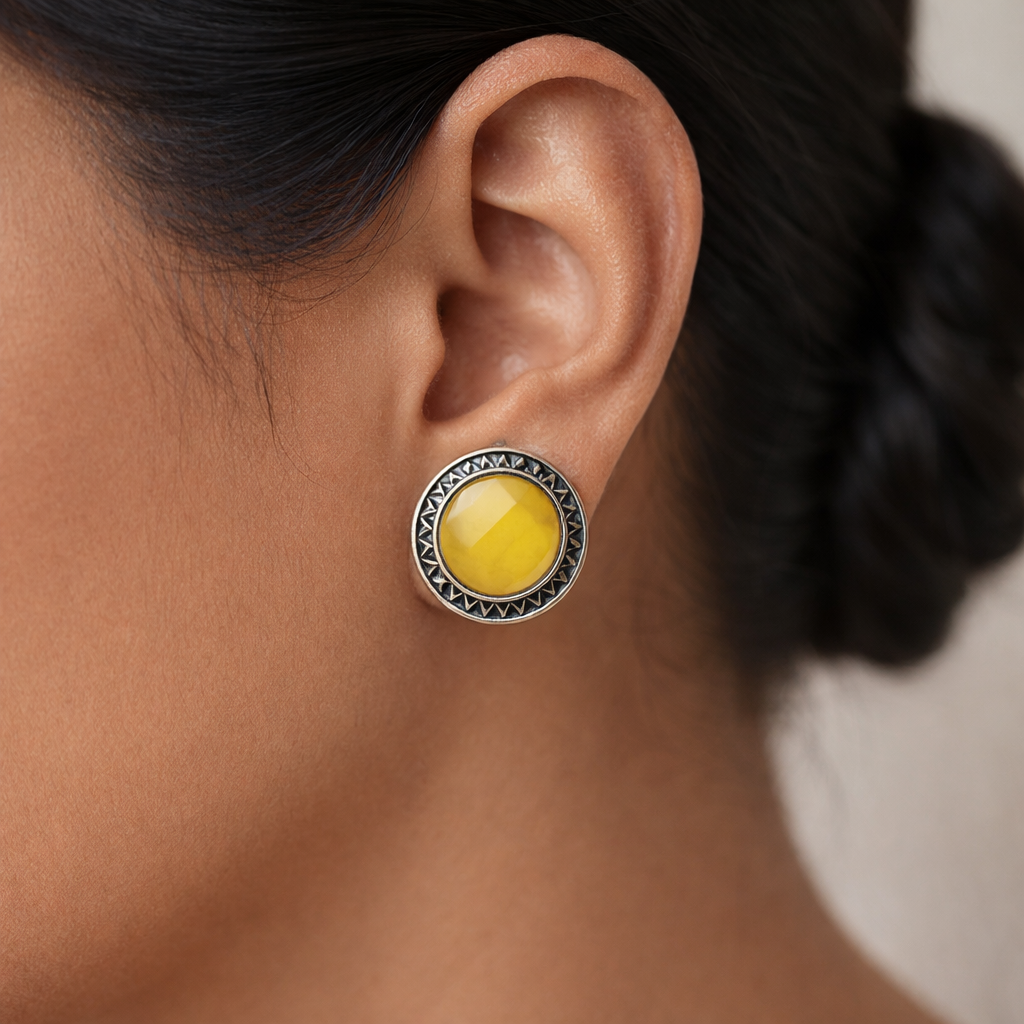 Manikya- Silver Brass Stone-Studded Stud Earrings(Yellow)
