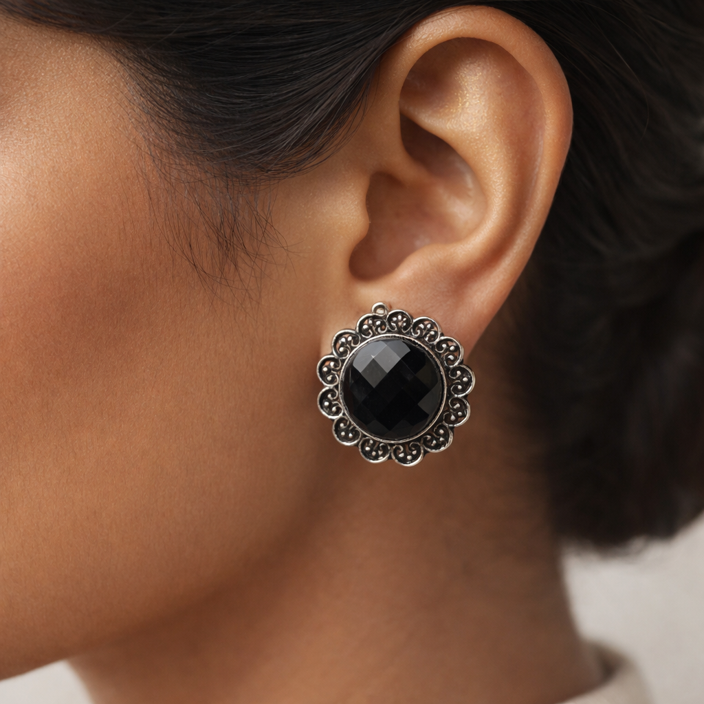 Rajni- Silver Brass Stone-Studded Stud Earrings