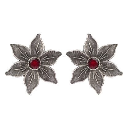 Juhi- Silver Brass Stone-Studded Stud Earrings(Red)