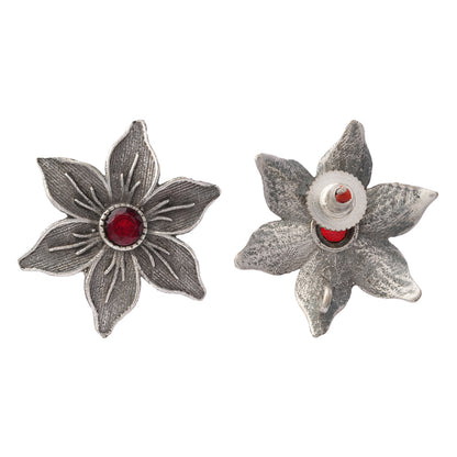 Juhi- Silver Brass Stone-Studded Stud Earrings(Red)