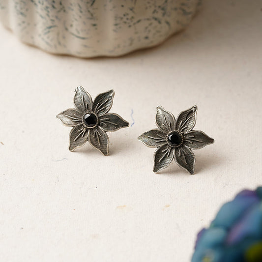 Juhi- Silver Brass Stone-Studded Stud Earrings(Black)