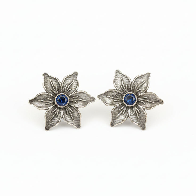 Juhi- Silver Brass Stone-Studded Stud Earrings(Blue)