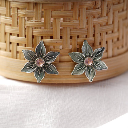 Juhi- Silver Brass Stone-Studded Stud Earrings(Pink)