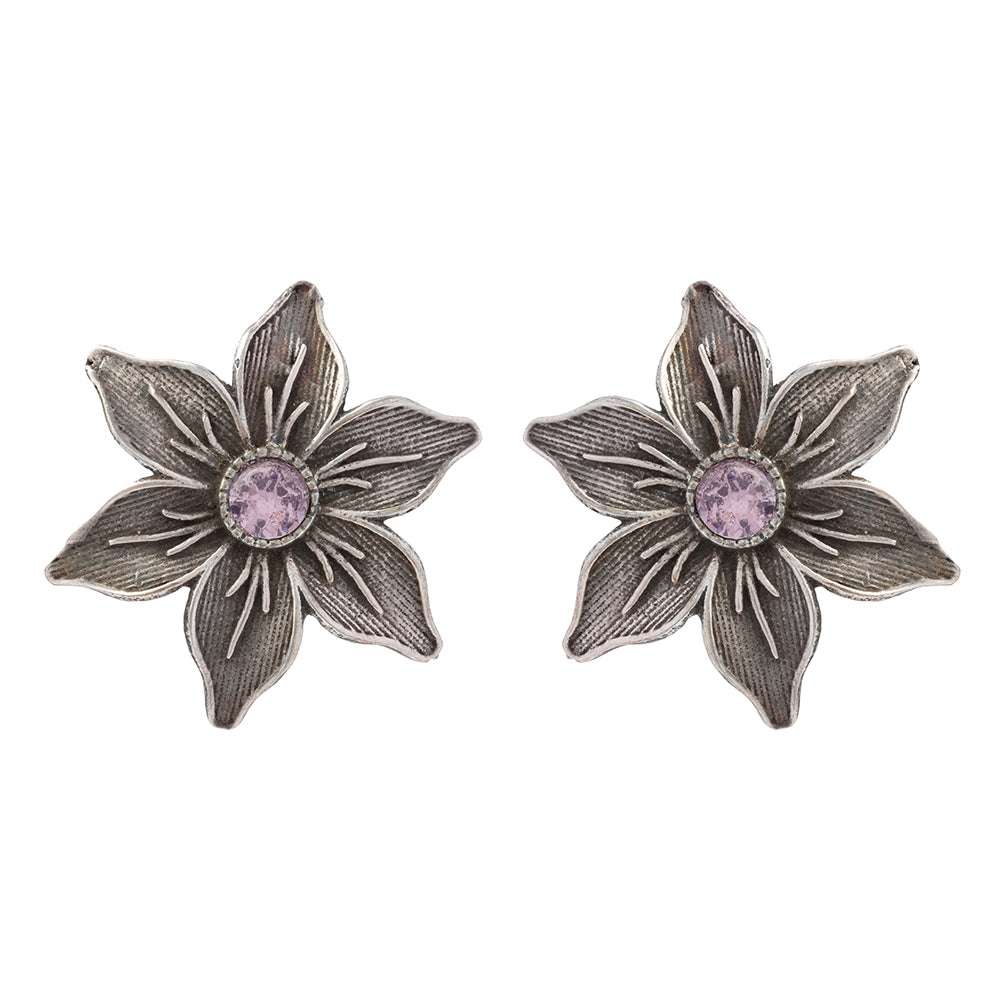 Juhi- Silver Brass Stone-Studded Stud Earrings(Pink)