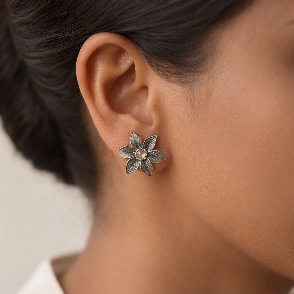 Juhi- Silver Brass Stone-Studded Stud Earrings(Yellow)