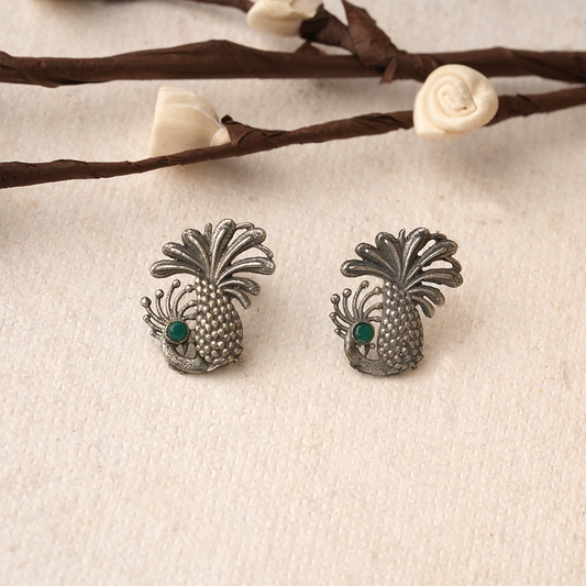 Ananasika- Silver Brass Stone Studded Stud Earrings(Black)