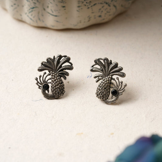 Ananasika- Silver Brass Stone Studded Stud Earrings(Black)