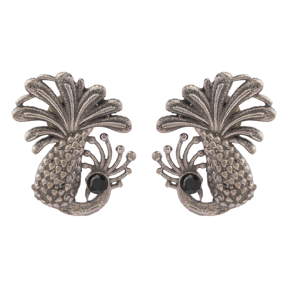 Ananasika- Silver Brass Stone-Studded Stud Earrings(Black)