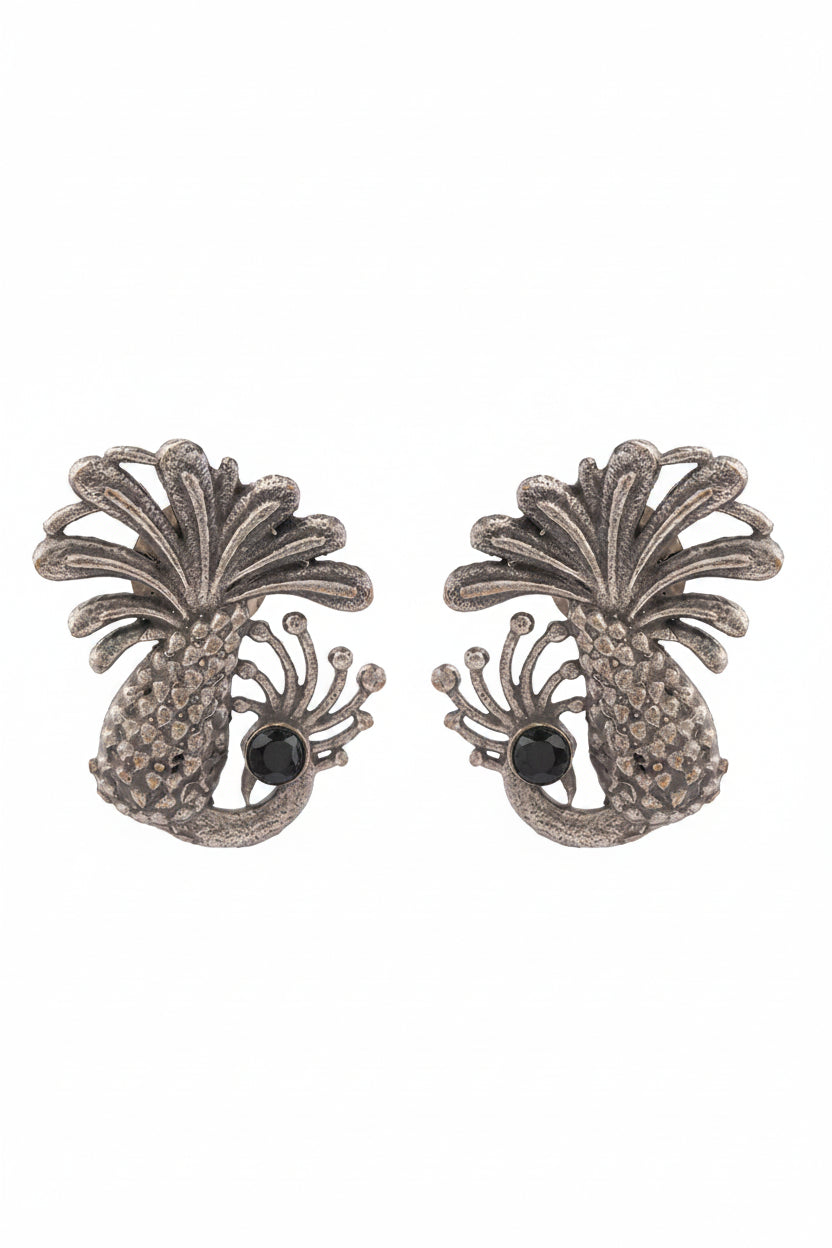 Ananasika- Silver Brass Stone-Studded Stud Earrings(Black)