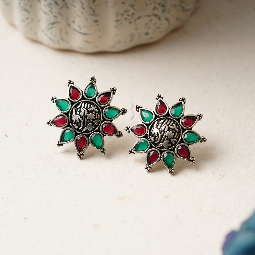 Pushpika- Silver Brass Stone-Studded Stud Earrings