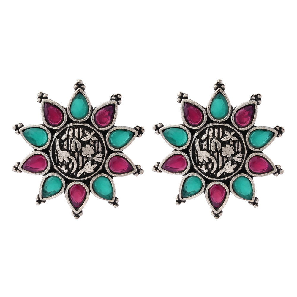 Pushpika- Silver Brass Stone-Studded Stud Earrings