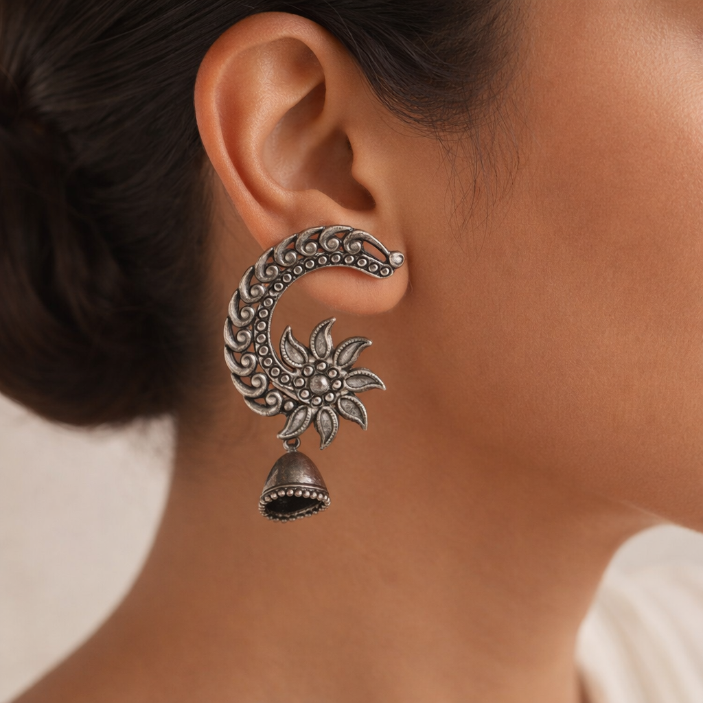 Chandphool- Silver Brass Oxidised dangler earrings