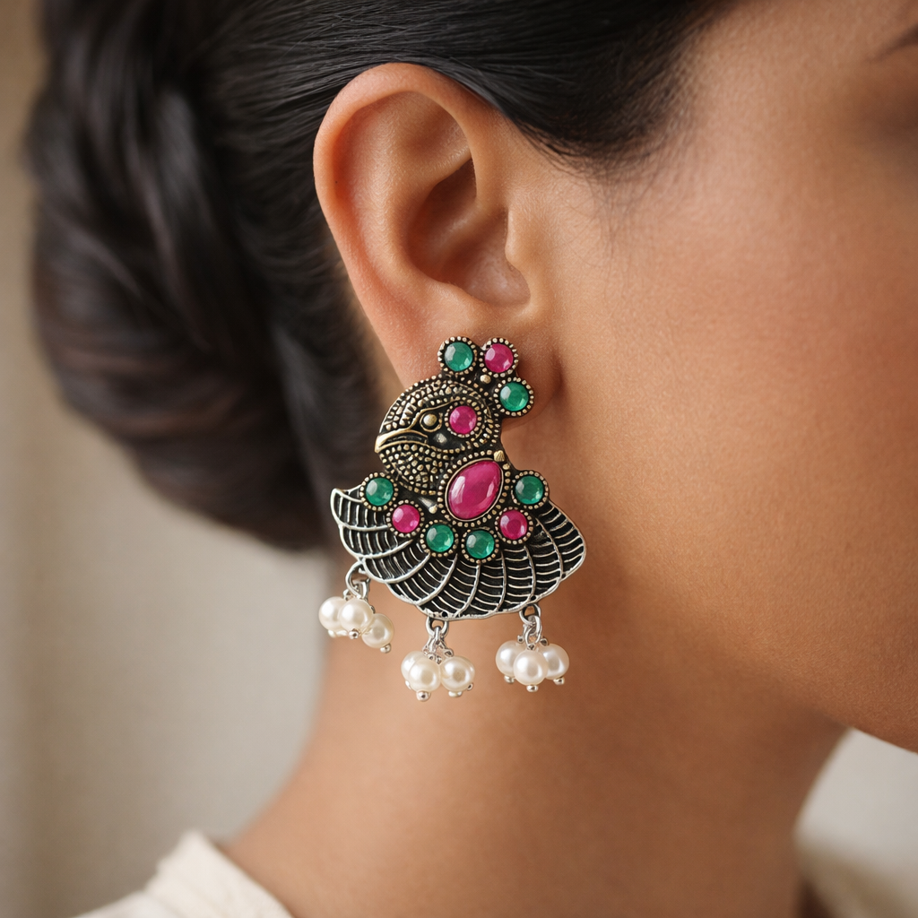 Mayuri- Silver Tone Brass Dangler Earrings