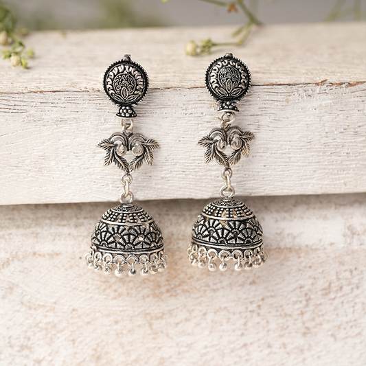 Pallavi- Silver Brass Oxidised Jhumka Earrings