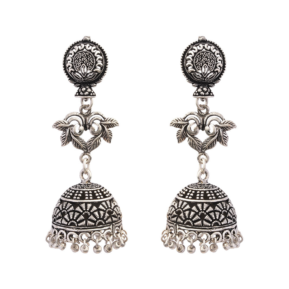 Pallavi- Silver Brass Oxidised Jhumka Earrings