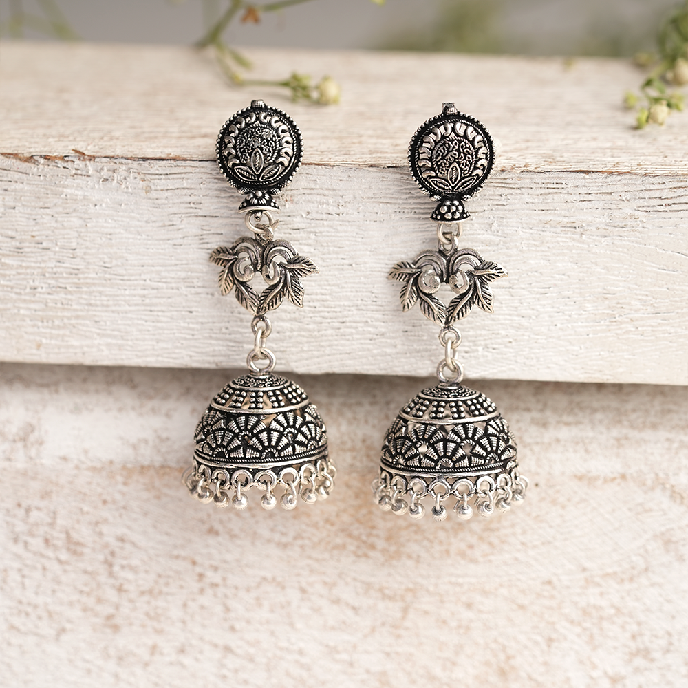 Pallavi- Silver Brass Oxidised Jhumka Earrings