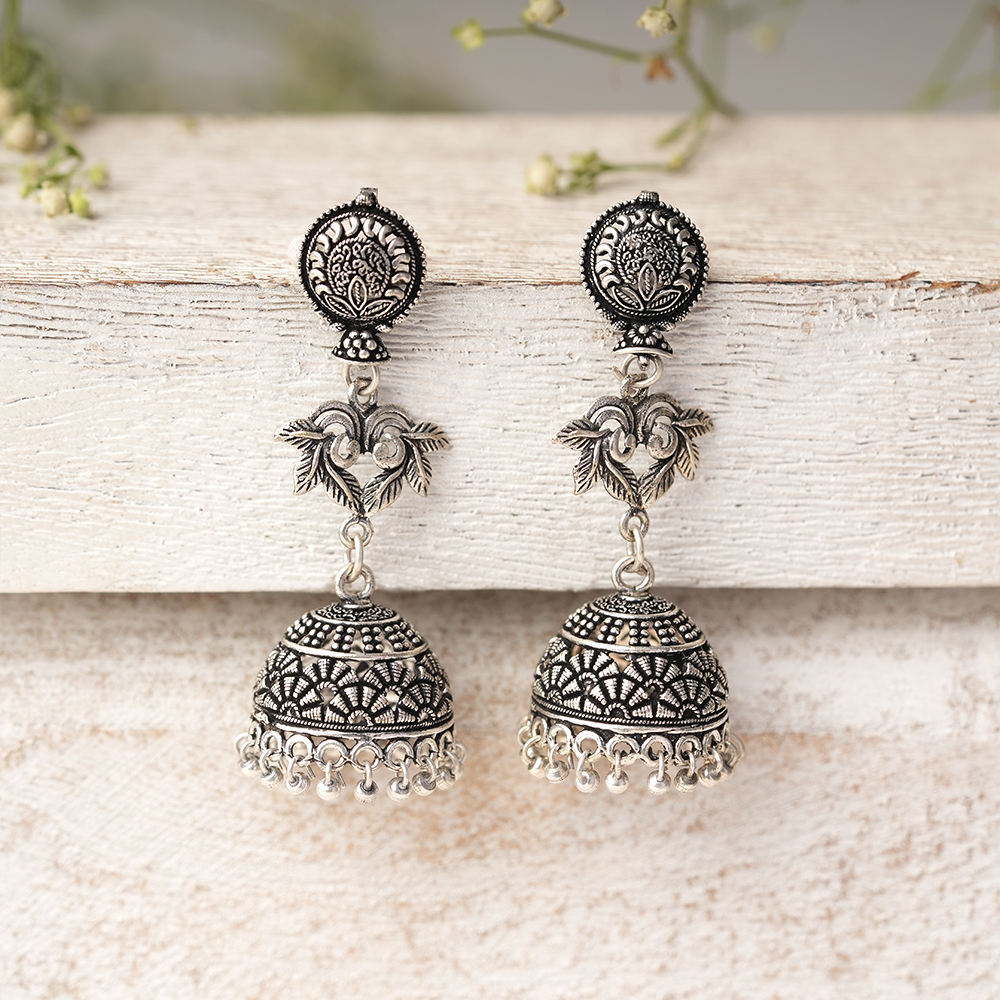 Pallavi- Silver Brass Oxidised Jhumka Earrings