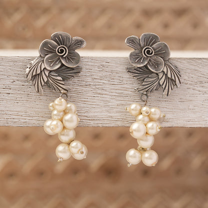 Motiphool- Silver Brass Pearl dangler earrings