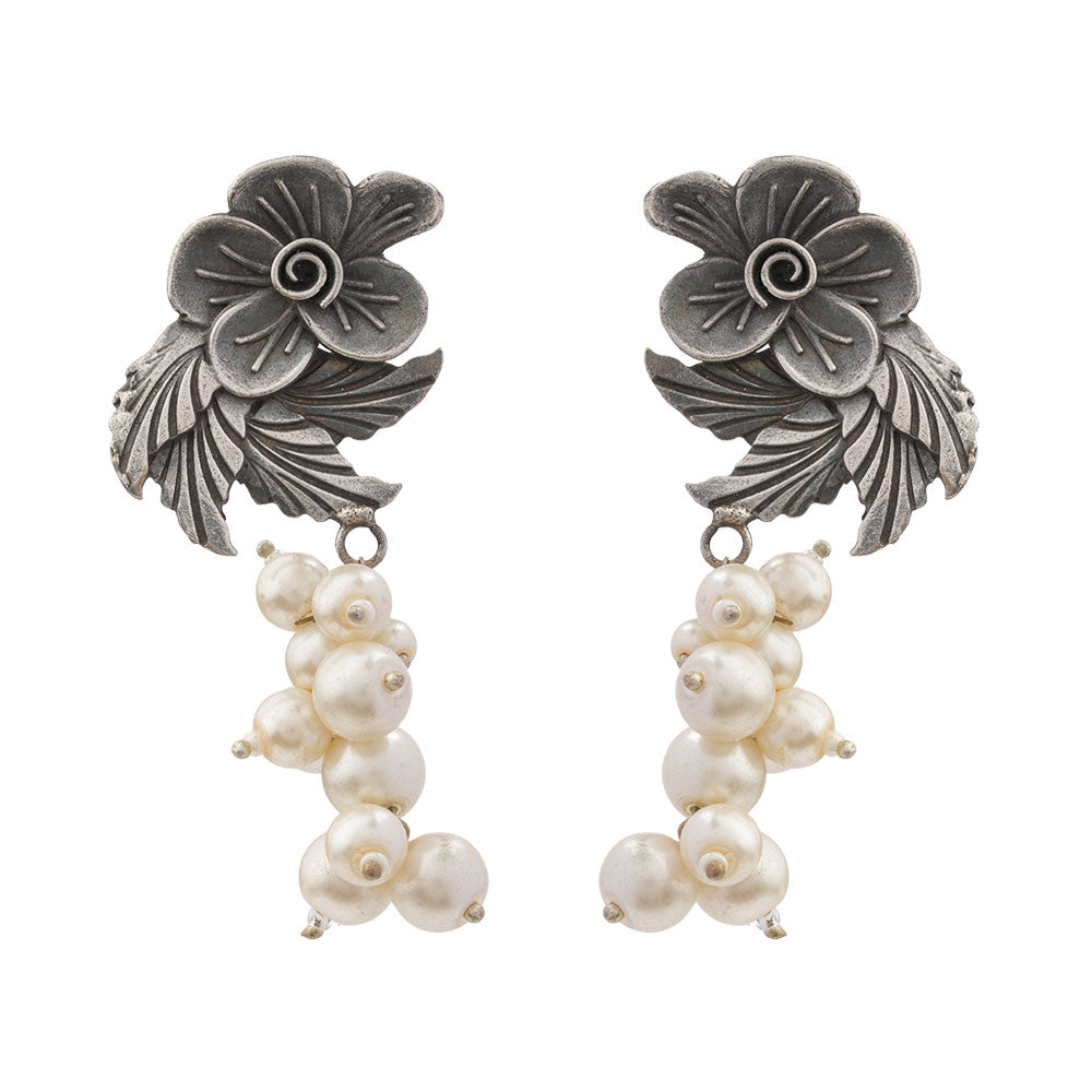 Motiphool- Silver Brass Pearl dangler earrings