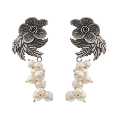 Motiphool- Silver Brass Pearl dangler earrings