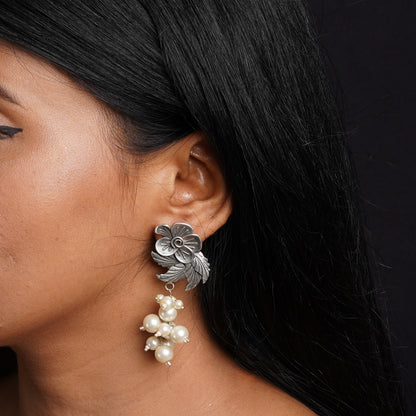 Motiphool- Silver Brass Pearl dangler earrings