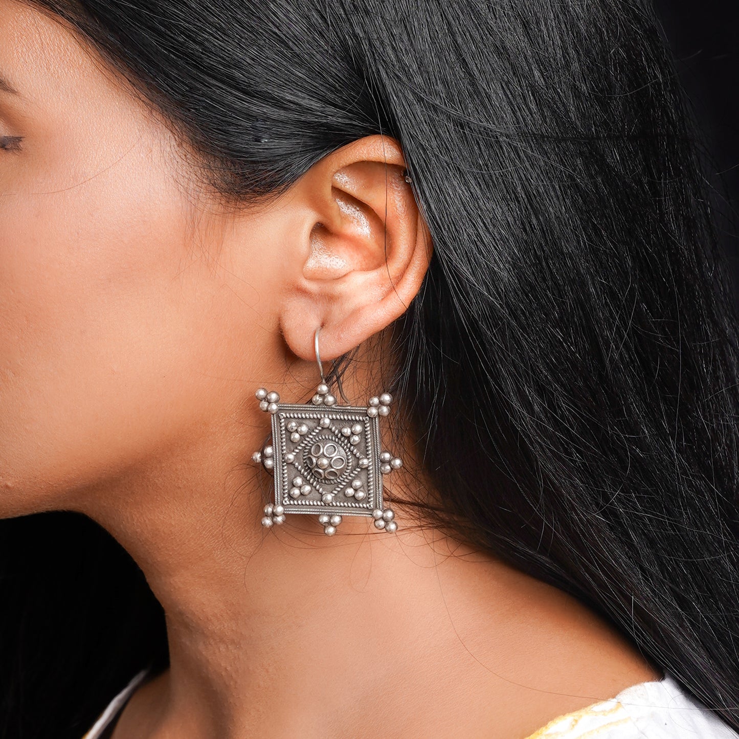 Hirakriti- Silver Brass oxidised dangler earrings