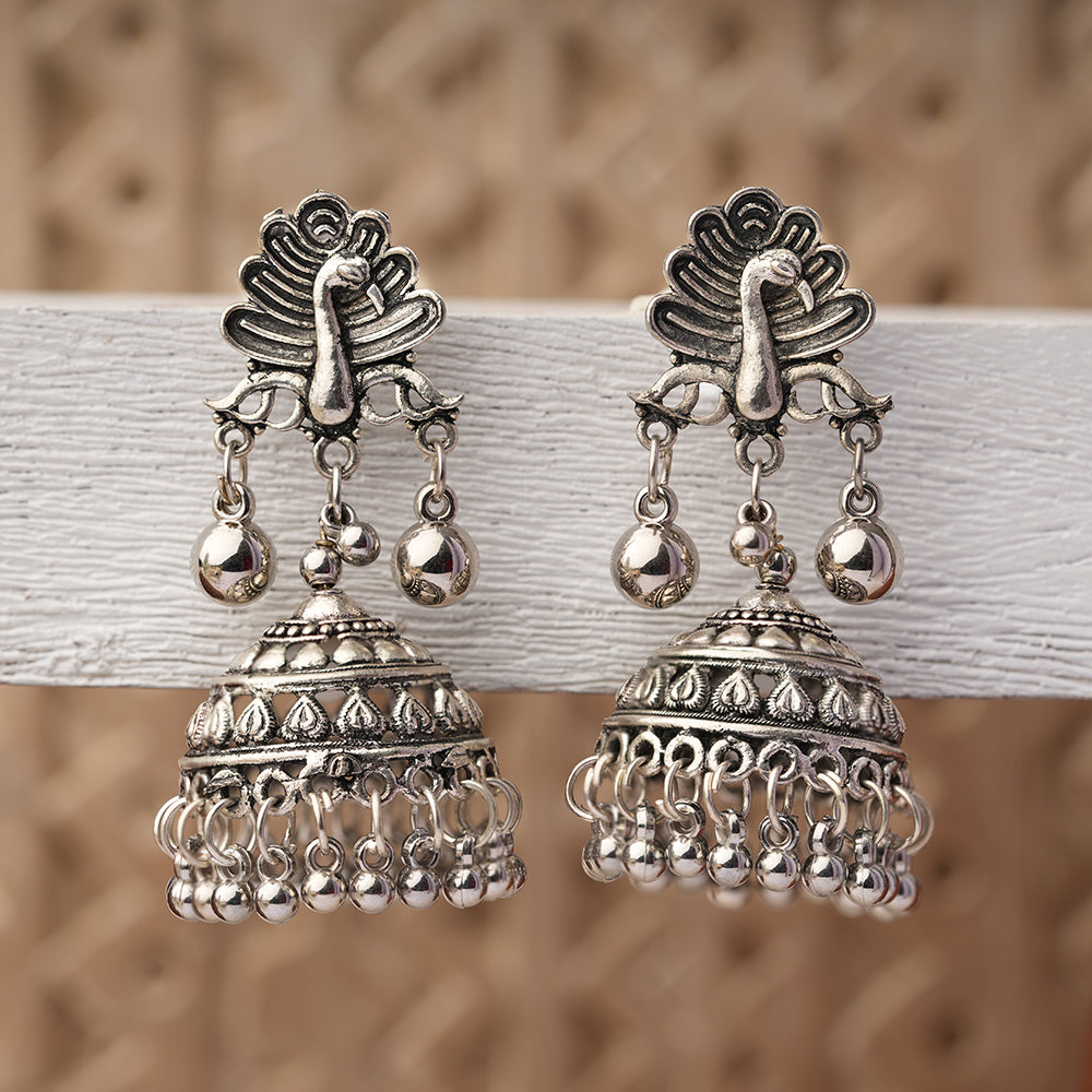 Mayurakshi- Silver Brass Oxidised Jhumka Earrings