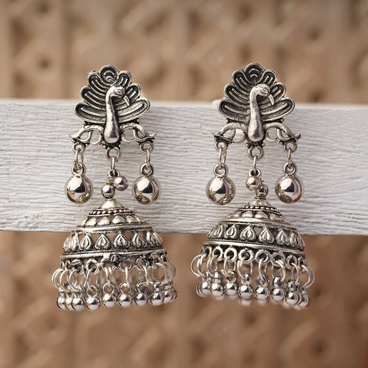 Mayurakshi- Silver Brass Oxidised Jhumka Earrings