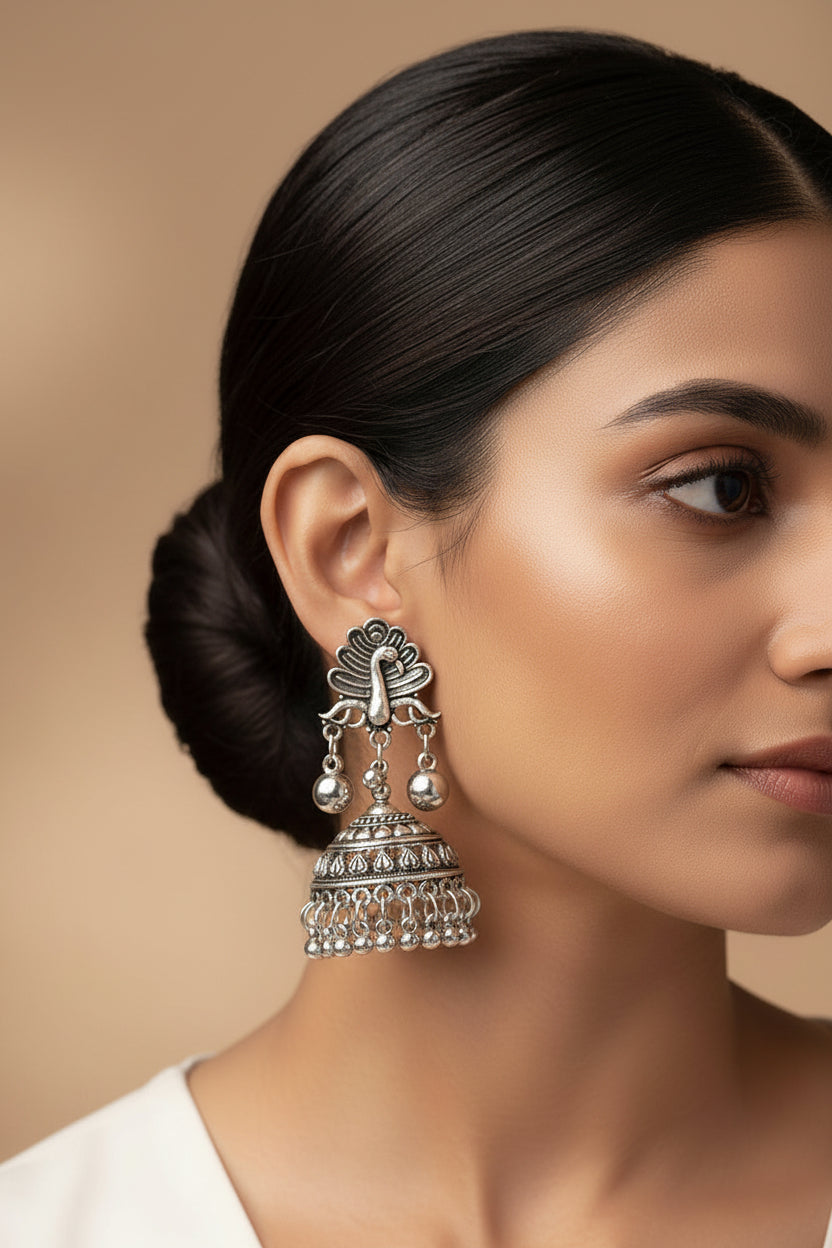 Mayurakshi- Silver Brass Oxidised Jhumka Earrings