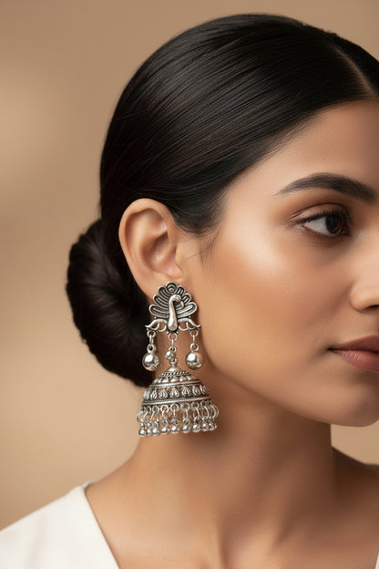 Mayurakshi- Silver Brass Oxidised Jhumka Earrings
