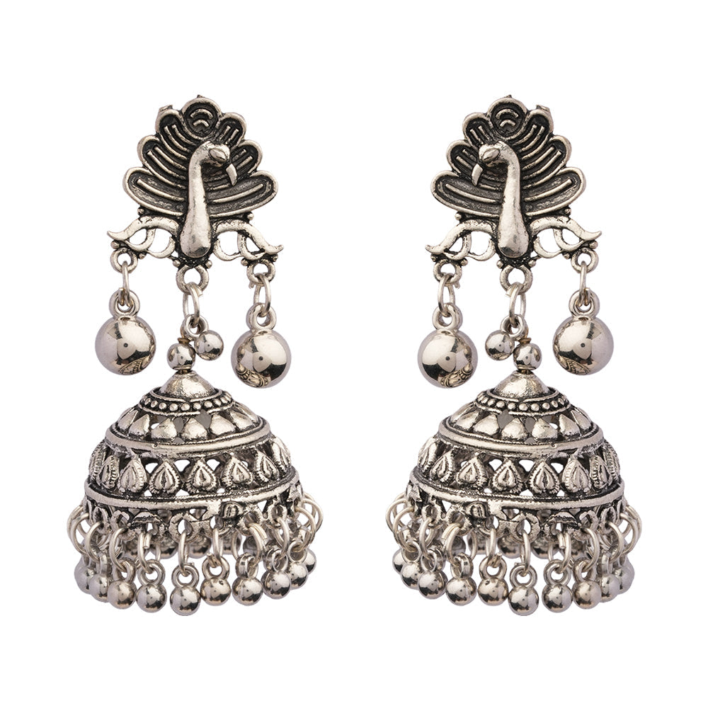 Mayurakshi- Silver Brass Oxidised Jhumka Earrings