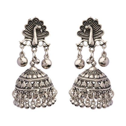 Mayurakshi- Silver Brass Oxidised Jhumka Earrings