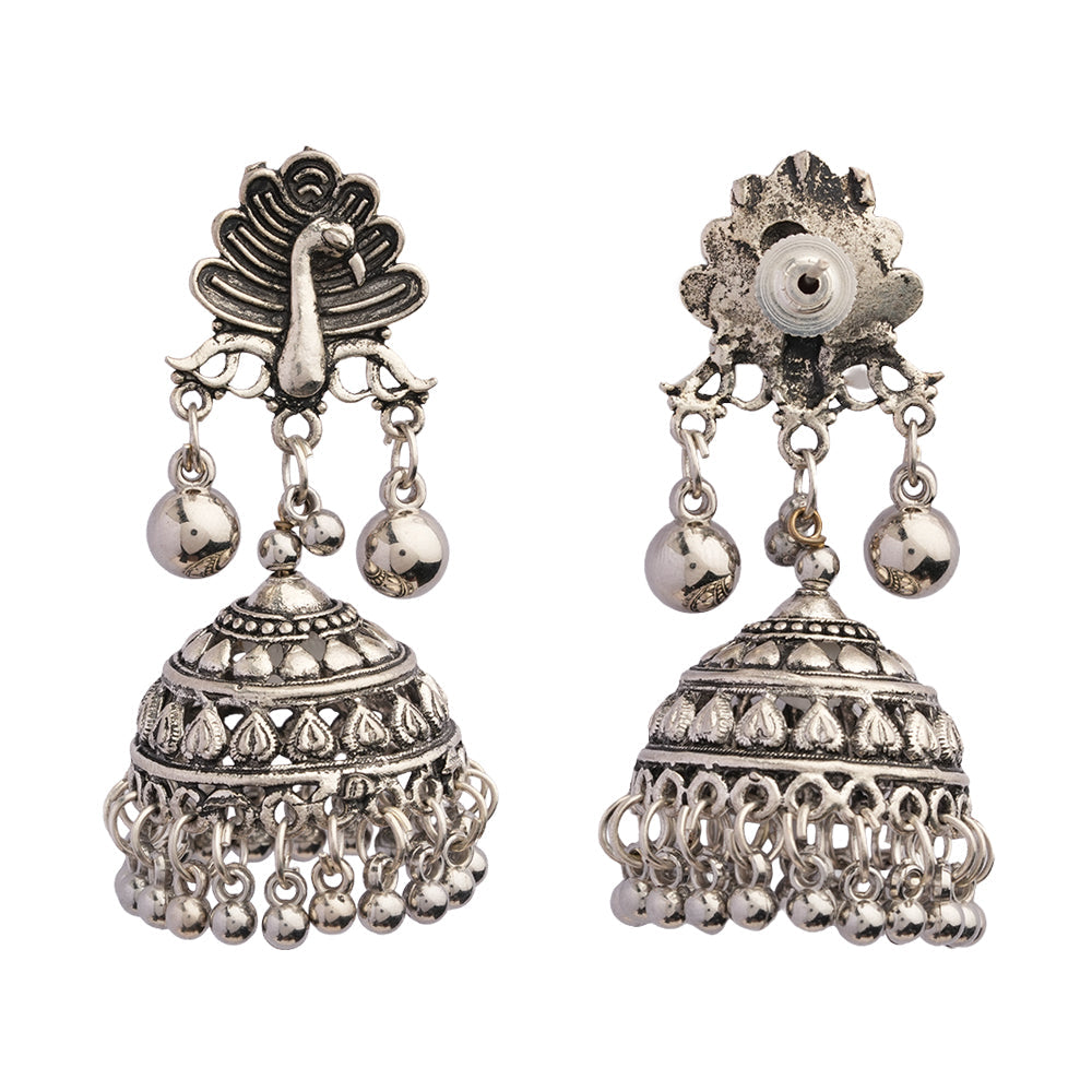 Mayurakshi- Silver Brass Oxidised Jhumka Earrings