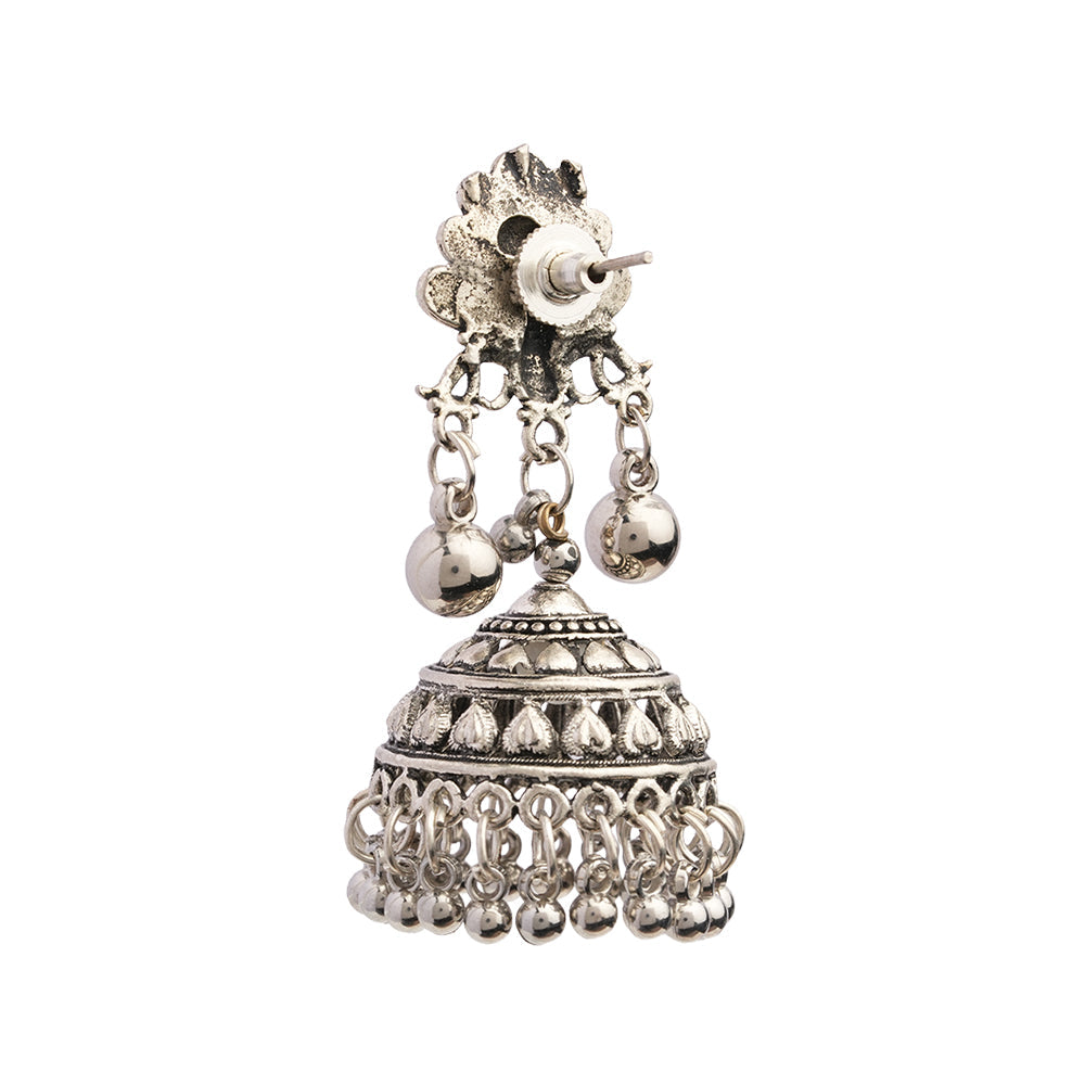 Mayurakshi- Silver Brass Oxidised Jhumka Earrings