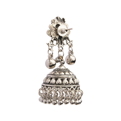 Mayurakshi- Silver Brass Oxidised Jhumka Earrings