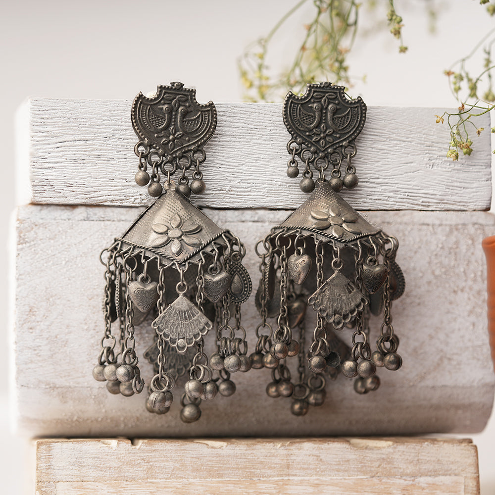 Jhumri- Silver Brass Oxidised Jhumka Earrings