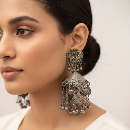 Jhumri- Silver Brass Oxidised Jhumka Earrings
