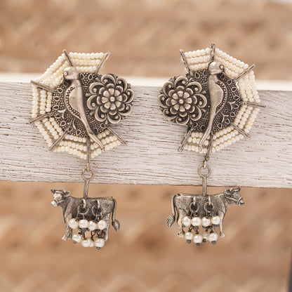 Gauri- Silver Brass Pearl dangler earrings