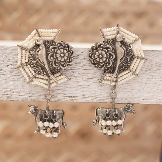 Gauri- Silver Brass Pearl dangler earrings