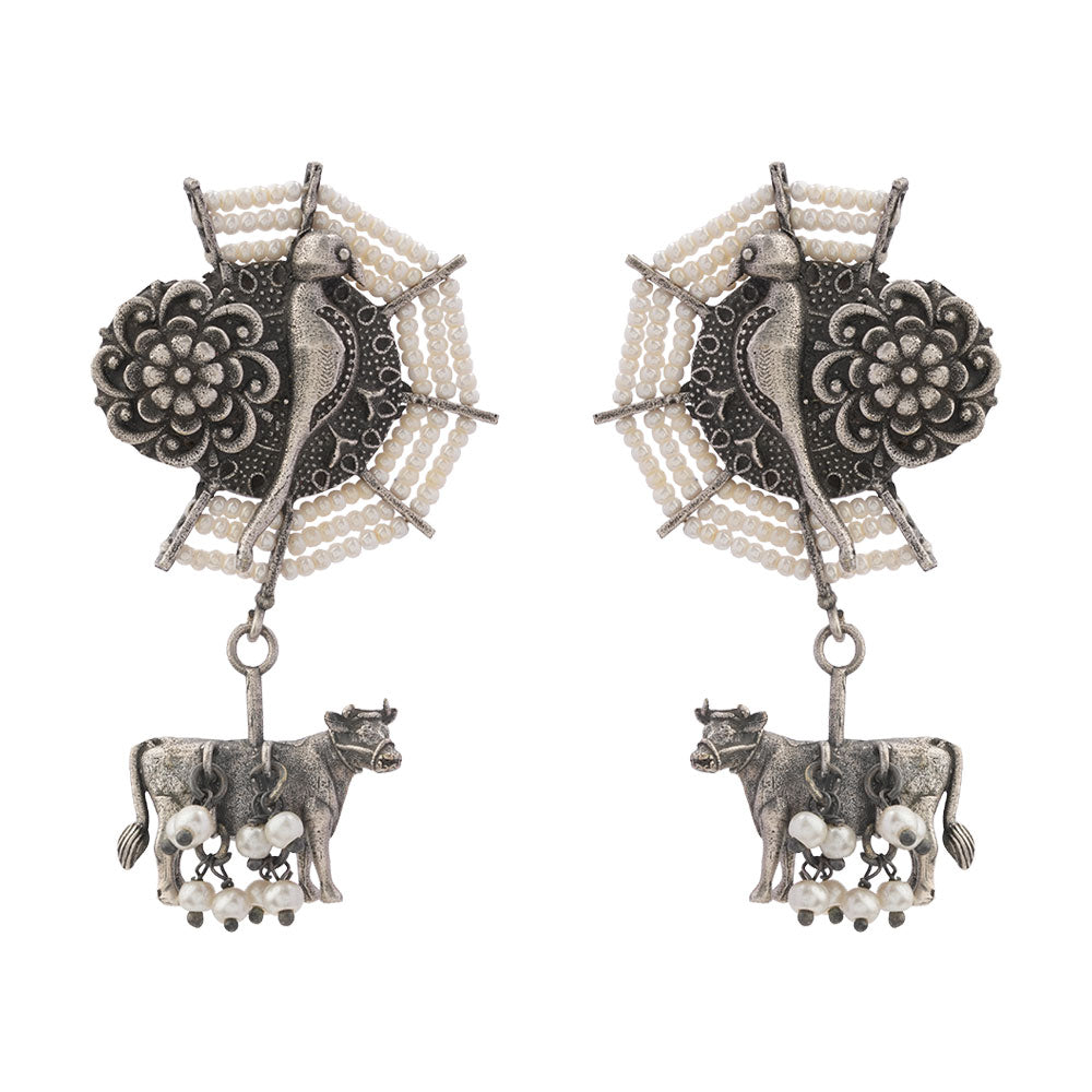 Gauri- Silver Brass Pearl dangler earrings