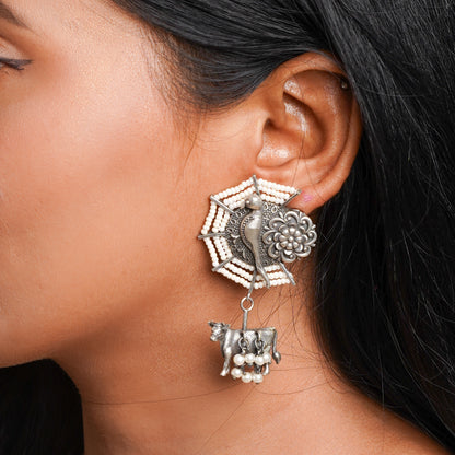 Gauri- Silver Brass Pearl dangler earrings