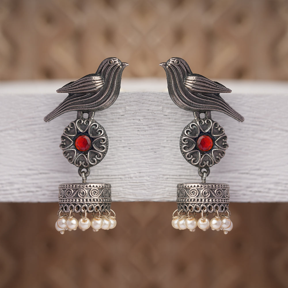 Chakori- Silver Brass Oxidised Jhumka Earrings(Red)