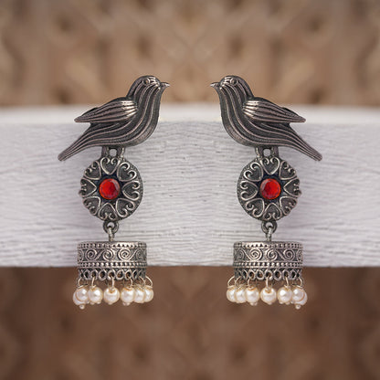 Chakori- Silver Brass Oxidised Jhumka Earrings(Red)