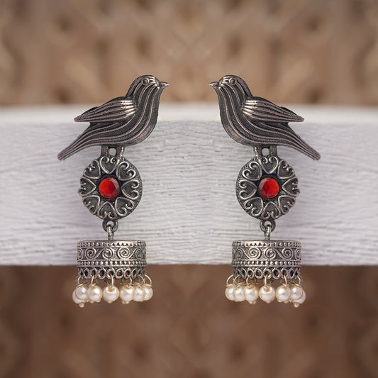 Chakori- Silver Brass Oxidised Jhumka Earrings(Red)