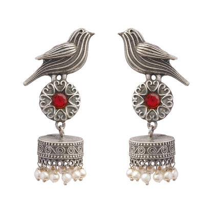 Chakori- Silver Brass Oxidised Jhumka Earrings(Red)